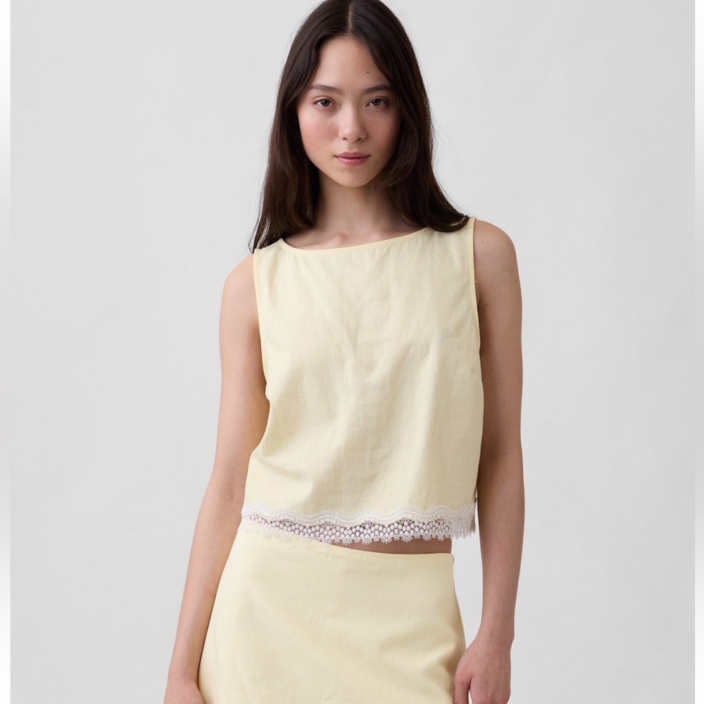 Gap Linen Blend Lace Hem Crop Shell Top Size Small White